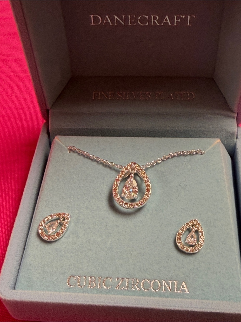 Silver-Plated Teardrop Cubic Zirconia Necklace & Earrings - White Crystal